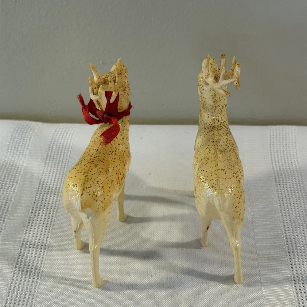 2 Thin Celluloid 1950's Reindeers Japan Christmas Figurine 3.5